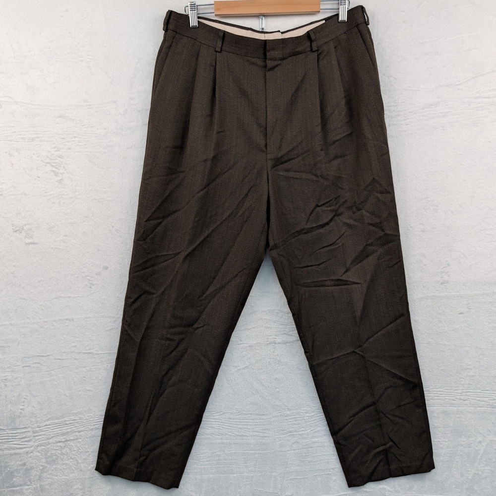 VTG Slates Trousers Men's 36x32 Brown Herringbone Relaxed Pleated Wool Blend Y2K